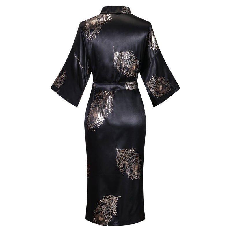 Valennia Women Long Silky Bathrobe Satin Kimono Robe Floral Printed Dressing Gown Sleepwear Black and Feather - Image 2